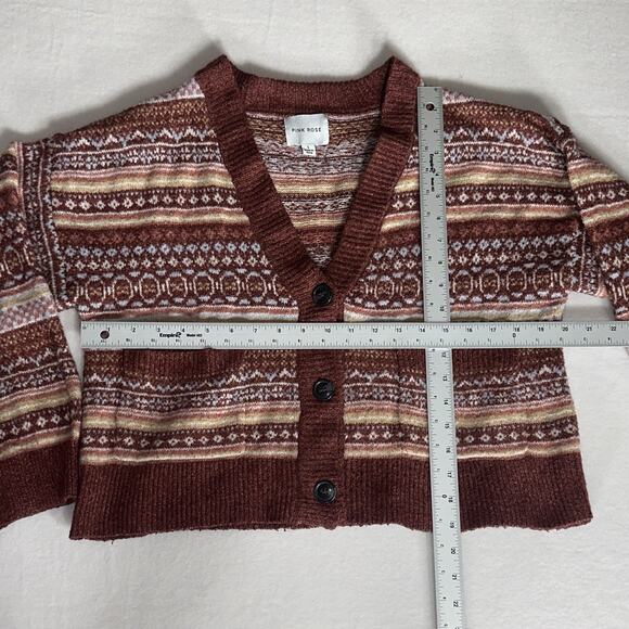 Pink Rose Fair Isle Pattern Cardigan Sweater Size L Women’s Button-Front Cropped - Picture 7 of 12